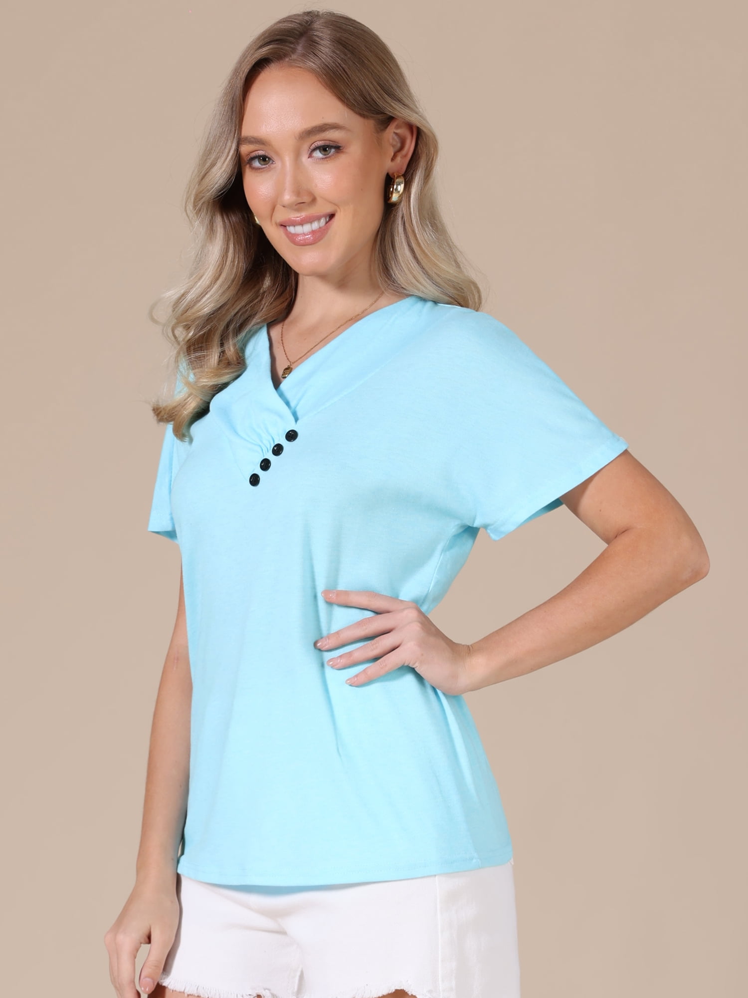 DARING DIVA Women's Summer Short Sleeve Tunic Tops Casual V Neck Button Shirts M Blue