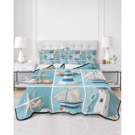 Quilts Twin Size, Coastal Ocean Soft Comforter Bedding Set for Bed, Nautical Lighthouse Blue Wooden Lightweight Quilted Bedspread with Pillow Cover(2 Pieces) for All Season, 68x86 Inch