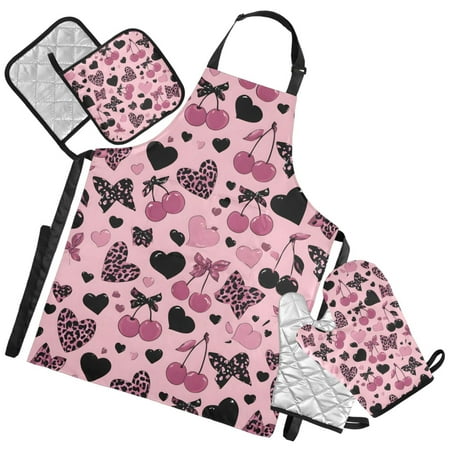Ryvnso Leopard Hearts Kitchen Apron Oven Mitts Set Pot Holders