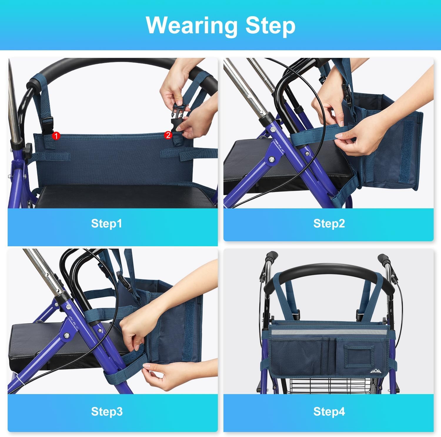 SupreGear Rollator Basket Bag, Foldable Waterproof Storage Pouch with Cup Holder for Rollator, Dark Blue