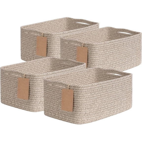 4 Pack Storage Baskets for Organizing Shelves, Brown | 13" x 8" x 6" Woven Rope Baskets for Baby Toys & Books, Decorative Gift Basket for Home Organization, Rectangle Design