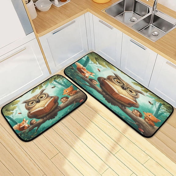 Kitchen Rug Set 2 Pieces Non Slip Kitchen Mat for Kitchen Home Floor Sink 47"x19" 27"x19" Owl Wearing Glasses