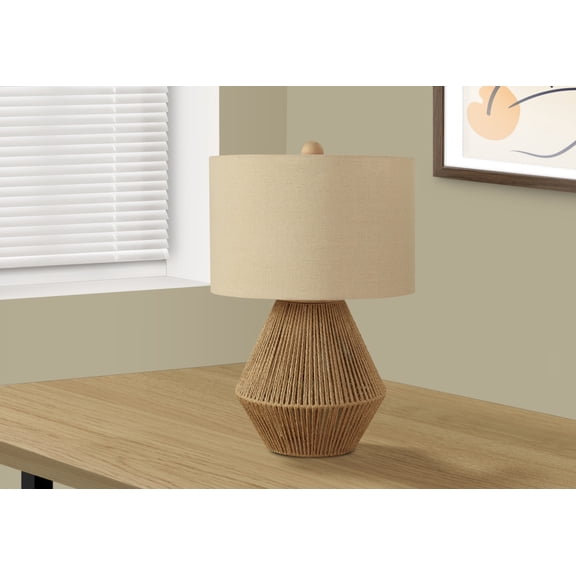 22" Brown Rattan Geometric Table Lamp With Beige Drum Shade