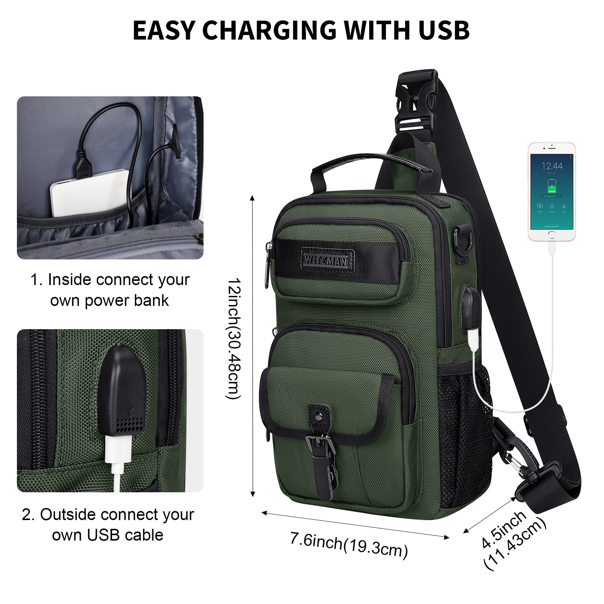 WITZMAN Sling Bag for Men Convertible Travel Sling Backpack USB Charging Port Lightweight Crossbody Bags Casual Daypack（B698 Army Green）