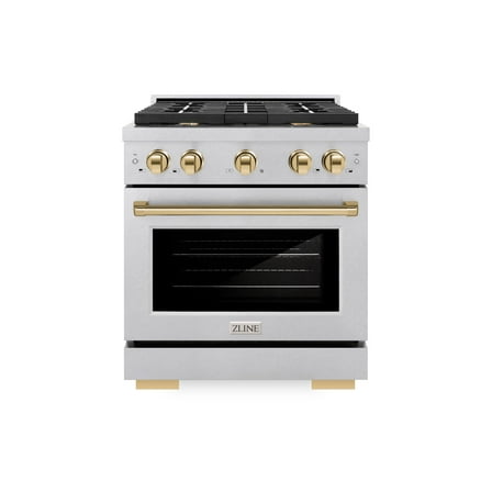 ZLINE Autograph Edition 30 in. 4.2 cu. ft. Paramount Dual Fuel Range with 4 Burner Gas Cooktop and Electric Convection Oven in DuraSnow Stainless Steel with Polished Gold Accents (SDRSZ-30-G)