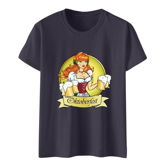 TSADFHJI Turtle Neck Tops for Women Loose Ladies Fashion Festival Scene Atmosphere Character Print Round Neck Short Sleeved T Shirt Top L Grey