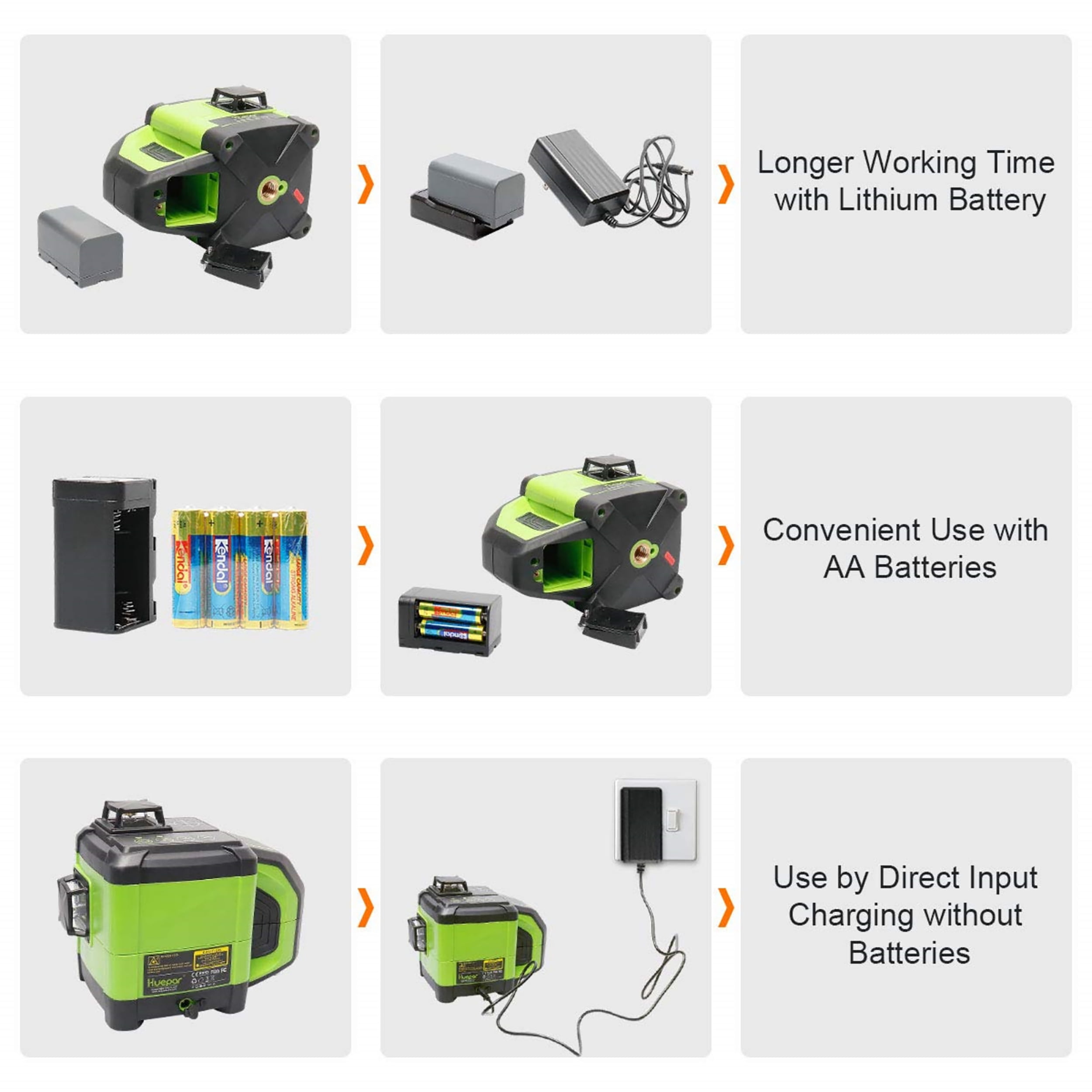 Huepar DT03CG 3D Cross Line Laser Level, Green Beam — 200 ft Range, 3 × 360° Self-Leveling, Includes Laser Receiver, Metal Base, Rechargeable Battery