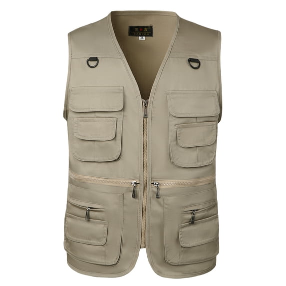 Odeerbi Clearance Jackets Vest Sets for Men Multi-Pocketed Photography Denim Jacket Outdoor Casual Fishing Large Size Khaki