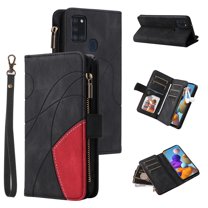 YEYKX for Samsung Galaxy A21S Wallet Phone Case with 9 Card Holder Zipper Pocket, Magnetic Closure Premium Folio PU Leather Flip Case with Wrist Strap for Samsung Galaxy A21S,Black,For Galaxy A21S