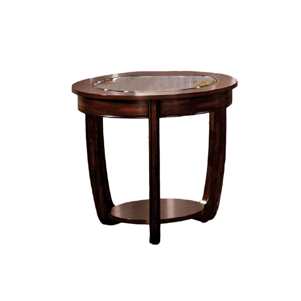 Wooden End Table With Beveled Glass Top, Dark Cherry