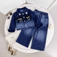thumbnail image 2 of LEKWK 2-Piece Denim Set for Little Girls Gradient Wash Jean Jacket Rhinestone Bow Pocket Wide Leg Jeans Edgy Fashion Outfit Fall Trendy Stylish, 2 of 6