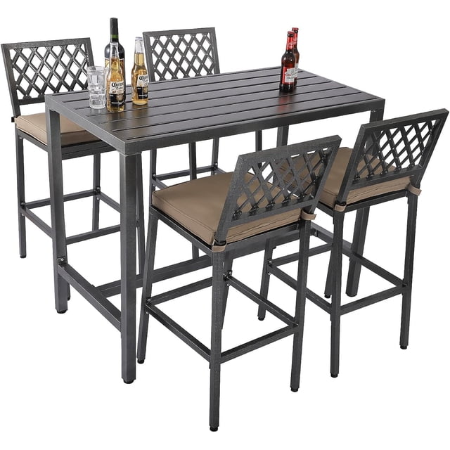 Sumshadow Outdoor Patio Bar Set, Bar Height Patio Dining Set, Weather-Resistant Bistro Counter Pub Set with Cushions & Slatted Tabletop for Backyard