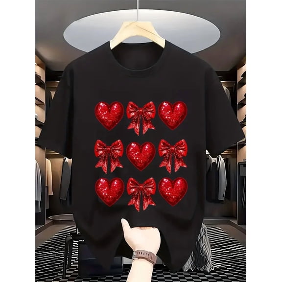 Men's & Women's Valentine's Day Bow & Heart T-Shirt - 100% Retro Valentine XOXO Print Short Sleeve Tee, S-XXXL, Unisex Casual Fit for Year-Round Wearable Love Tee