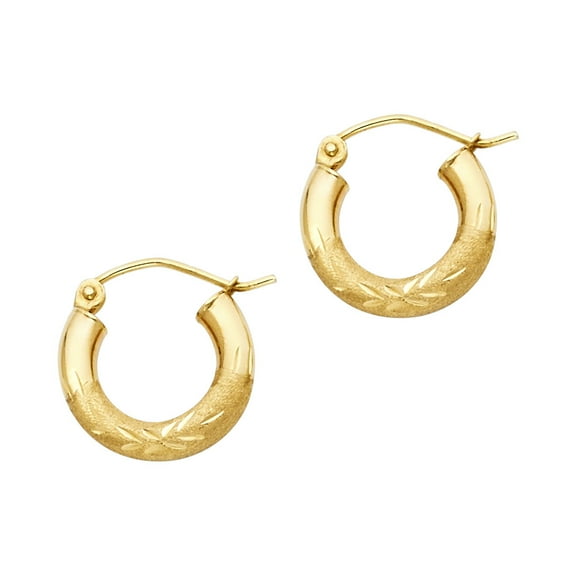 Solid 14k Yellow Gold Small Round Hoop Earrings Diamond Cut French Lock Genuine 14 x 3 mm