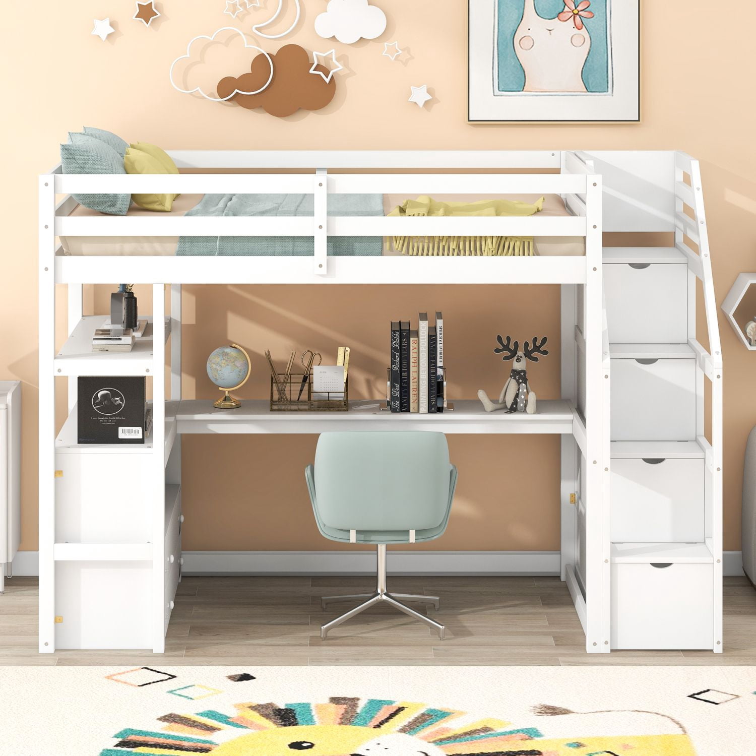 Asteroutdoor Twin Size Loft Bed with Desk and Shelves, Two Built-in Drawers, Storage Staircase, White