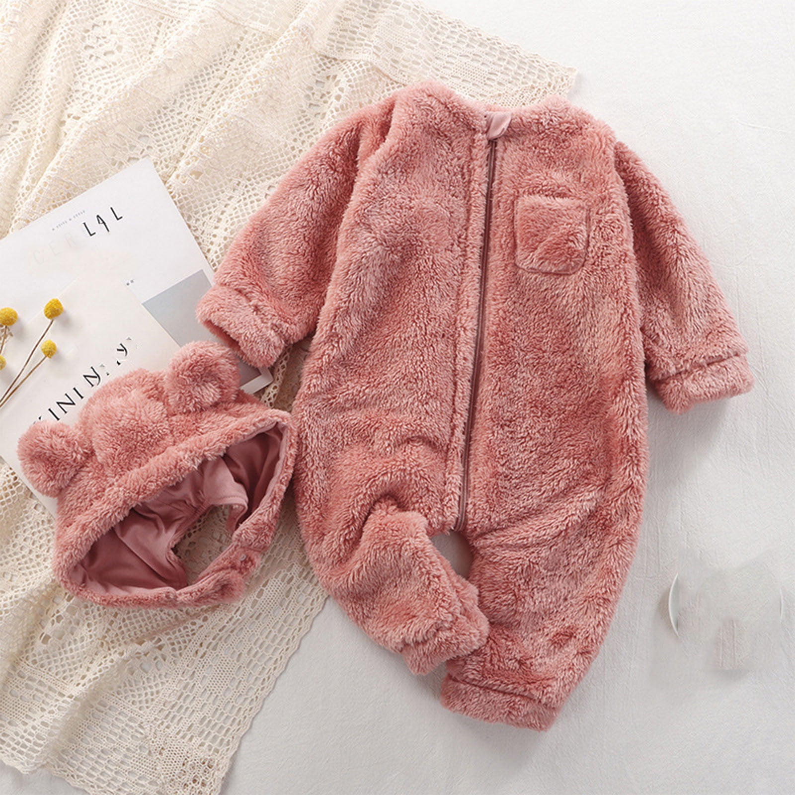 SHTXOZHI Baby Boys Girls Winter Clothes Toddler Fleece Romper Long Sleeve Zipper Jumpsuit with Hat
