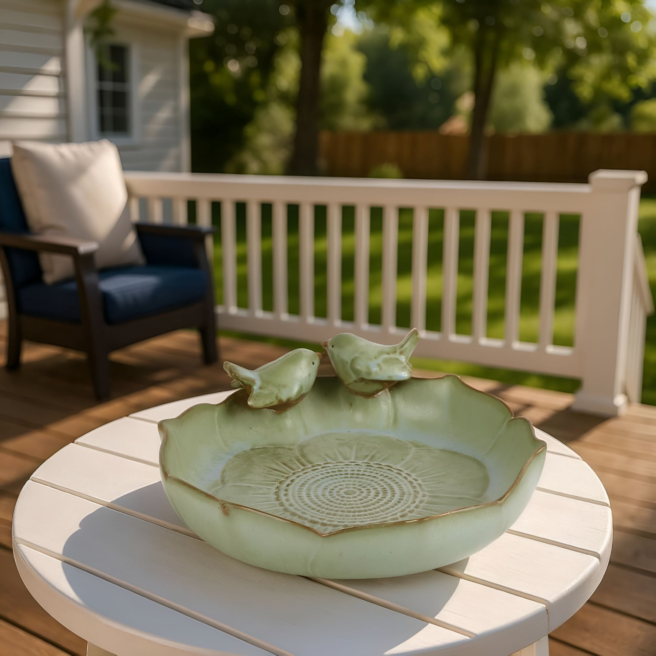 ACDANC Ceramic Bird Bath Bowl with Perched Birds-Outdoor Tabletop Birdbath Basin in Weather-Resistant Glaze-Usable on Ground,Deck Or Tabletop