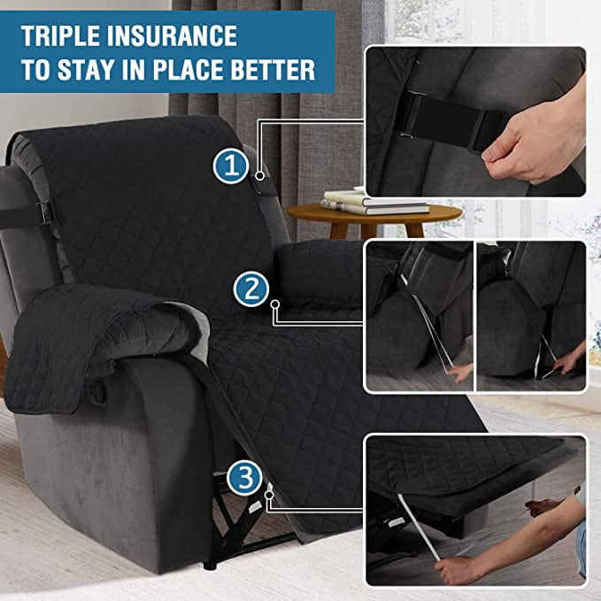 SHANNA Sofa Covers for Loveseat, Water Repellent Reversible Quilted Sofa Slipcovers, Non Slip Sofa Covers 2 Seater, Furniture Protector with Elastic Strap for Pets Kids Dog Cat, Black, 2-Seater