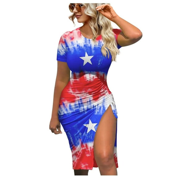 Wycnly Womens Dresses for 4th of July Slit Drawstring Bodycon Independence Day Patriotic Midi Dresses Short Sleeve Crewneck Star Print Knee-Length 2024 Summer Casual Dress Red xxl