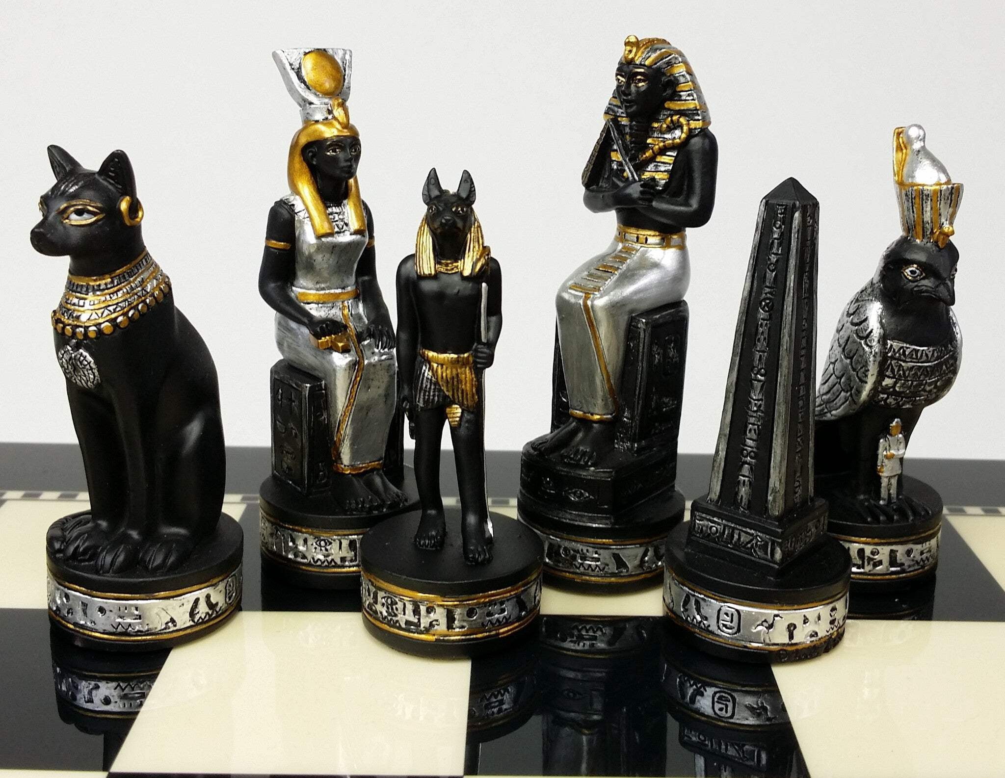 Egyptian Anubis Chess Set Black Silver  Gold W/ 15" Black  White Gloss Board