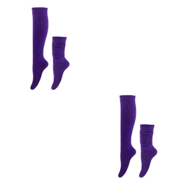 calcetines holgados jumpingount morado oscuro 2conjunto par de pares morado oscuro de poliéster, vista frontal con un par largo canalé hasta la rodilla y un par corto con puño fruncido; textura suave y elástica, transpirable y absorbente, medidas aproximadas 53×8.5 cm, fondo blanco. Su tamaño compacto también los hace adecuados para guardar en mochilas de viaje.
