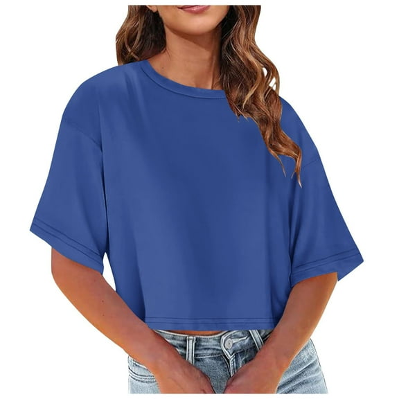 TKLPEHG Women's Tops Short Sleeve T Shirts Solid Color Casual Summer Round Neck Short Tshirt Going Out Tops Loose Lightweight Blouses(Blue,L)