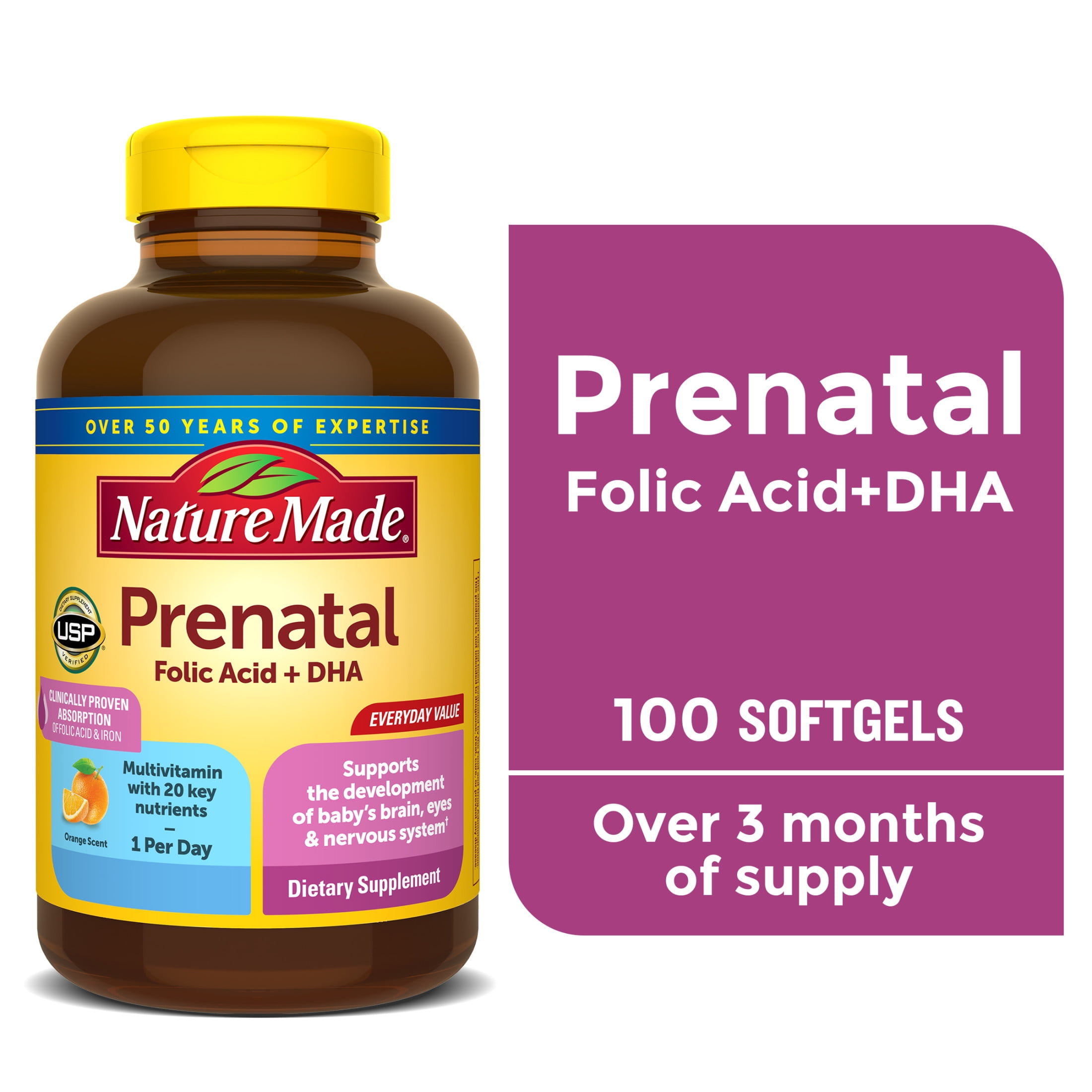 (4 pack) Nature Made Prenatal with Folic Acid + DHA Softgels, Prenatal Vitamin and Mineral Supplement, 100 Count
