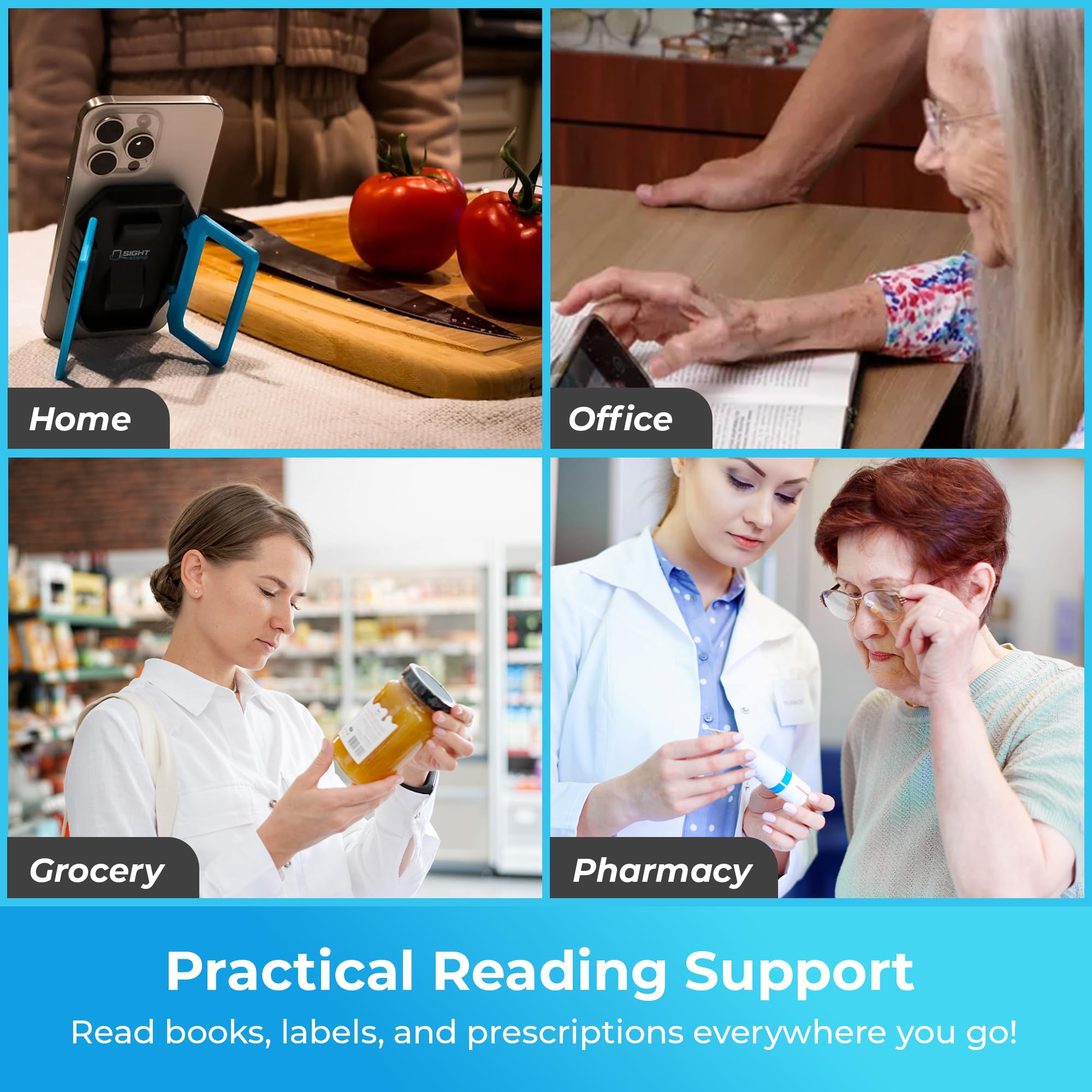 SightStand Universal Phone Stand with Clip-On Magnifier Lens – Adjustable Smartphone Holder for Reading Assistance