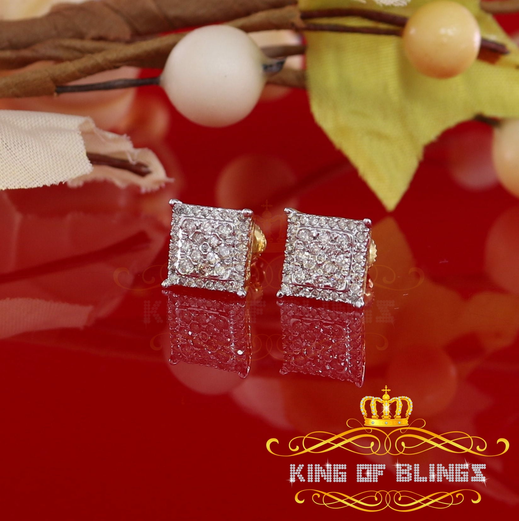 King of Bling's 10K Real Yellow Gold with 0.55CT Real Diamond Men's/Women's Stud Square Earrings