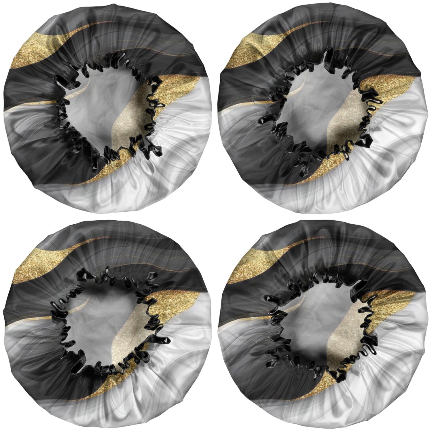 Shower Caps,Black White Marble Gold Wave Pattern Waterproof Shower Cap for Women 4 Pieces,Double Reusable Hair Cover for Shower PEVA Elastic Stretch Hem