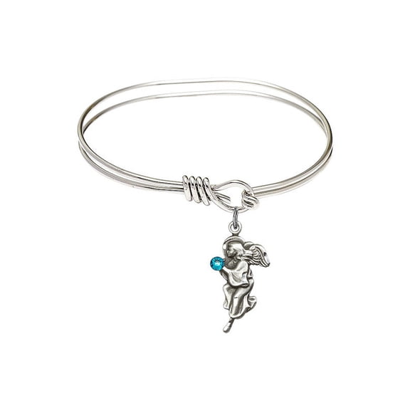 5 3/4 inch Oval Eye Hook Bangle Bracelet w/ Guardian Angel medal charm w/ December Blue Swarovski Crystal