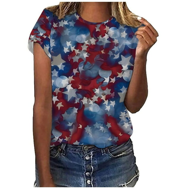 T-Shirts du 4 Juillet pour Femmes, T-Shirts Graphiques Mignons pour la Journée de l'Indépendance, Manches Courtes Décontractées Col Rond Tops d'Été 2023