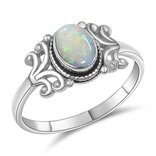 Kirti Gems Ethiopian Opal Silver Ring for Women - Stackable Midi Vintage Rings, October Birthstone Ring Handmade Silver Plated Opal Ring (6)