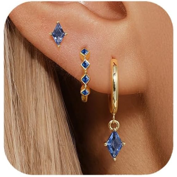 SUETOR 14K Gold Plated Blue CZ Earring Set for Women, 3 Pairs Huggie Hoop Studs & Dangle Earrings, Hypoallergenic Ear Stack Jewelry Gift