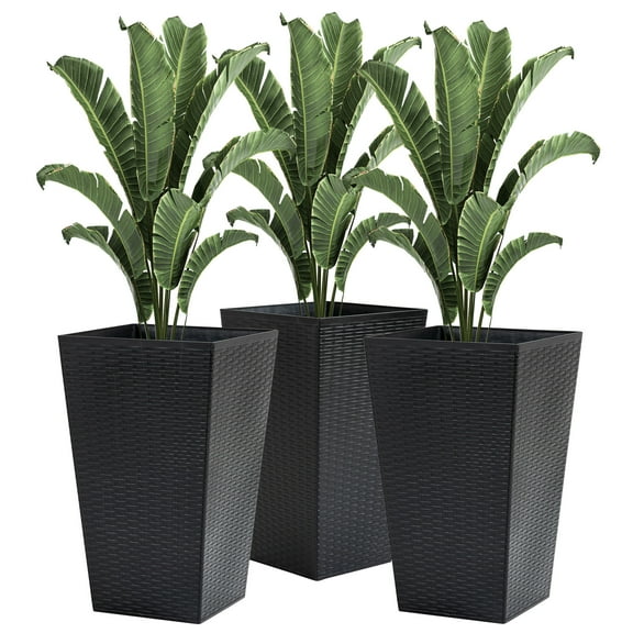 Set of 3 Tall Black Planters with Drainage Holes - 24" Outdoor/Indoor Flower Pots for Porch, Patio, Deck & Entryway, Rattan-Look Polypropylene