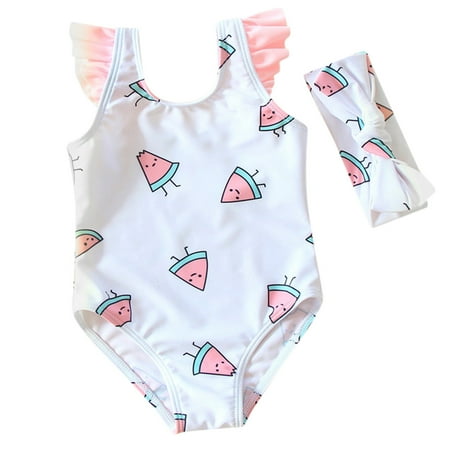 

Kids Swimsuit Ruffle Trim Girls Sleeveless Cute Cartoon Watermelon Printed With Headband Swimwear Toddler Baby All Season Leisure Beach Holiday Children s Day Gift Tankini Bathing Suit