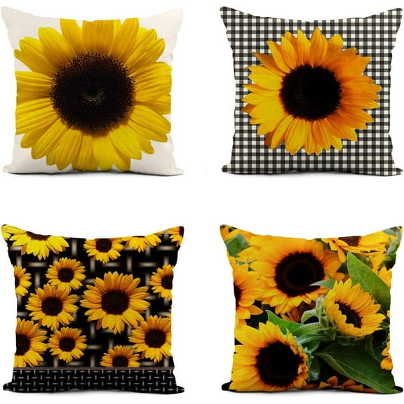 Rurpali Set of 4 Linen Throw Pillow Cover 20x20 Inch Yellow Sunflower Summer Flowers Nature Floral Sun Designer Black and White Checkered Home Decor Pillowcase Square Cushion Cover for Sofa Bed Couch