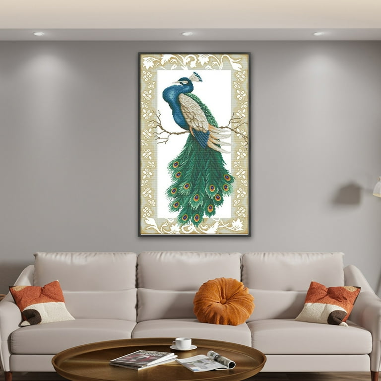 (D383) Hilo Algodón Ecológico Bordado No Manchú 14CT 2 Hebras Impresión 38*62cm Rama Pavo Real Kit Punto Cruz Serie Animal