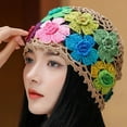 thumbnail image 3 of Kripyery Hat Women Manual Colorful Hollow Out Knitted Flower Crochet Elastic Soft Breathable Lightweight Sunshade Travel Outdoor Cap Brimless Beanie, 3 of 7