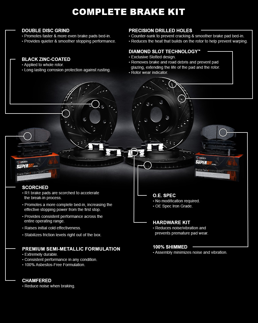 R1 Concepts Front Rear Brakes and Rotors Kit |Front Rear Brake Pads| Brake Rotors and Pads| Super Duty Brake Pads and Rotors| Hardware Kit WHXH2-99033