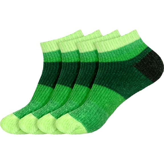 BambooMN 4 Pairs Women's Chenille Fuzzy Color Block Ankle Home Socks, Forest Green, Sizes 4-9