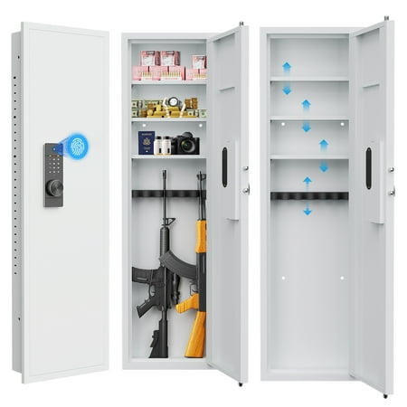 Homiyad 53 Fingerprint Touch Panel In-Wall Safe Hidden Wall Gun Safe for Rifles with Adjustable Shelves AssembLED Storage Multifunctional Wall Safe for Firearm and Valuables (White-Fingerprint)