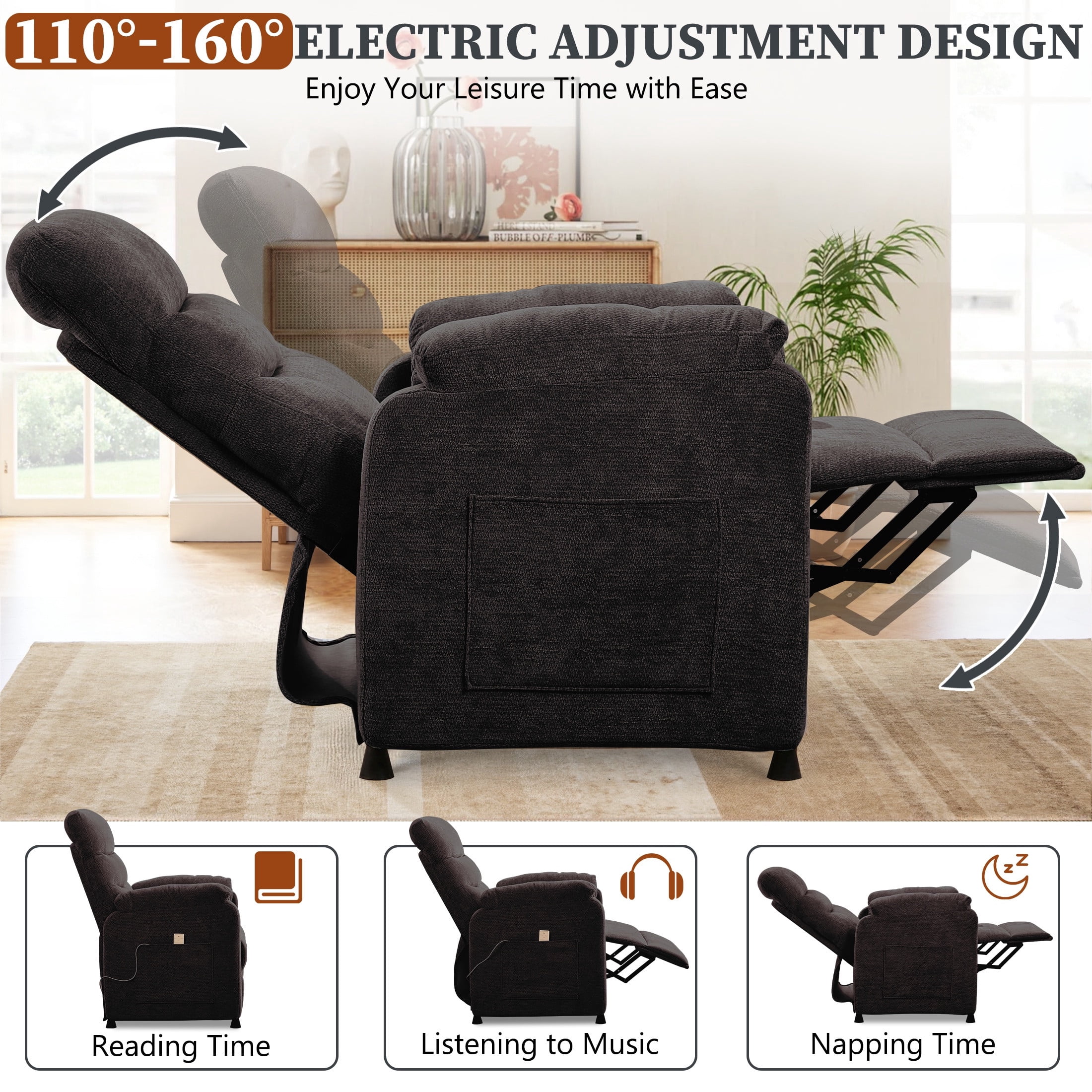 Power Recliner Chair Living Room with Adjustable Backrest and Footrest, Electric Recliner Chair for Adults(Chenille, Black)