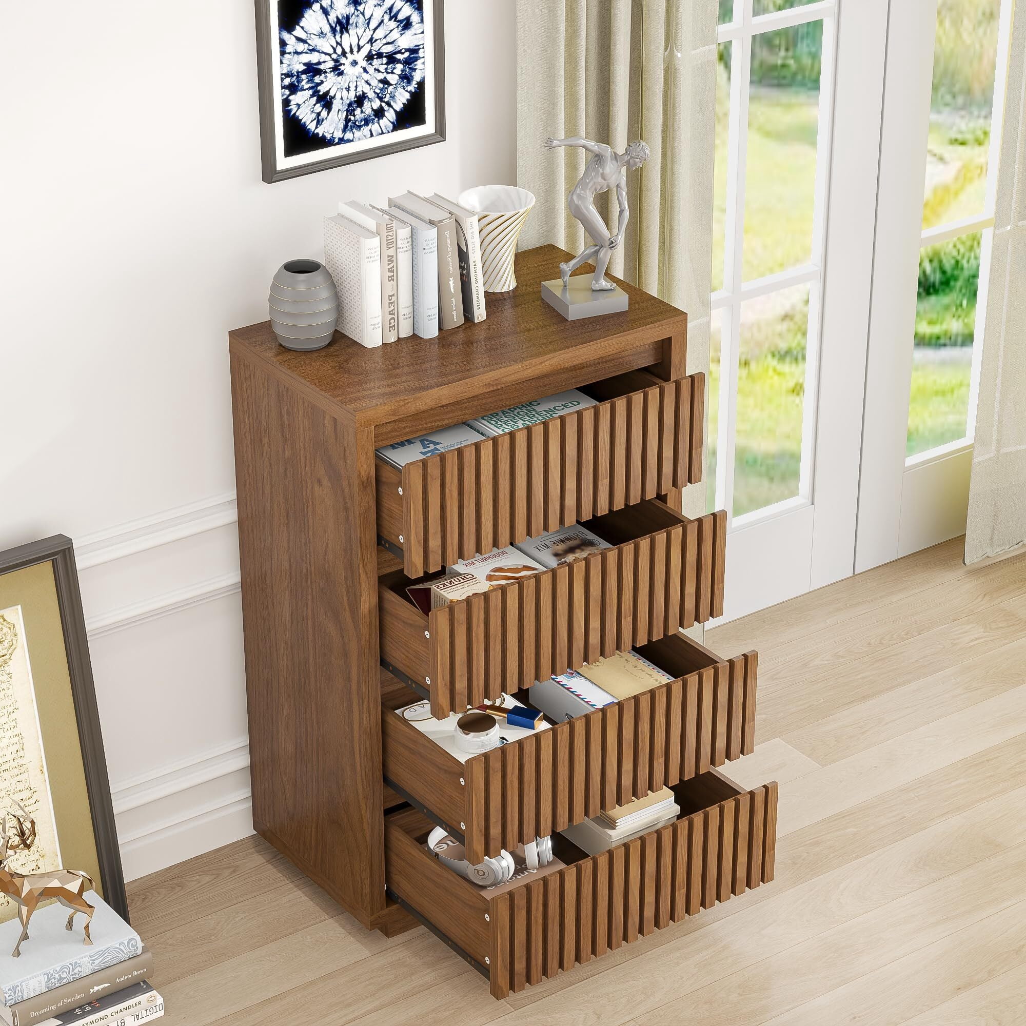 Fluted 4 Drawer Dresser, Mid Century Wood Chest for Bedroom, Modern Closet Clothes Storage Organizer, Walnut Brown Wooden Cabinet