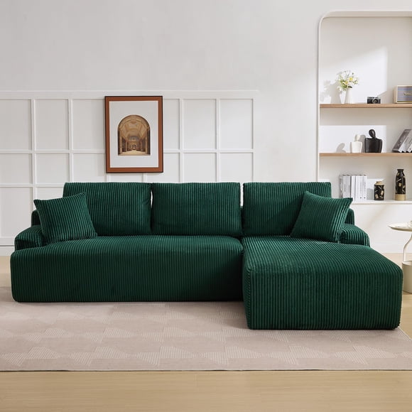 Comfortable modular sofa for the living room – L-shape, 3-seater, Cloud design – memory foam, deep seat, corduroy upholstery – no assembly required – mini model, corduroy, green, chaise longue on the