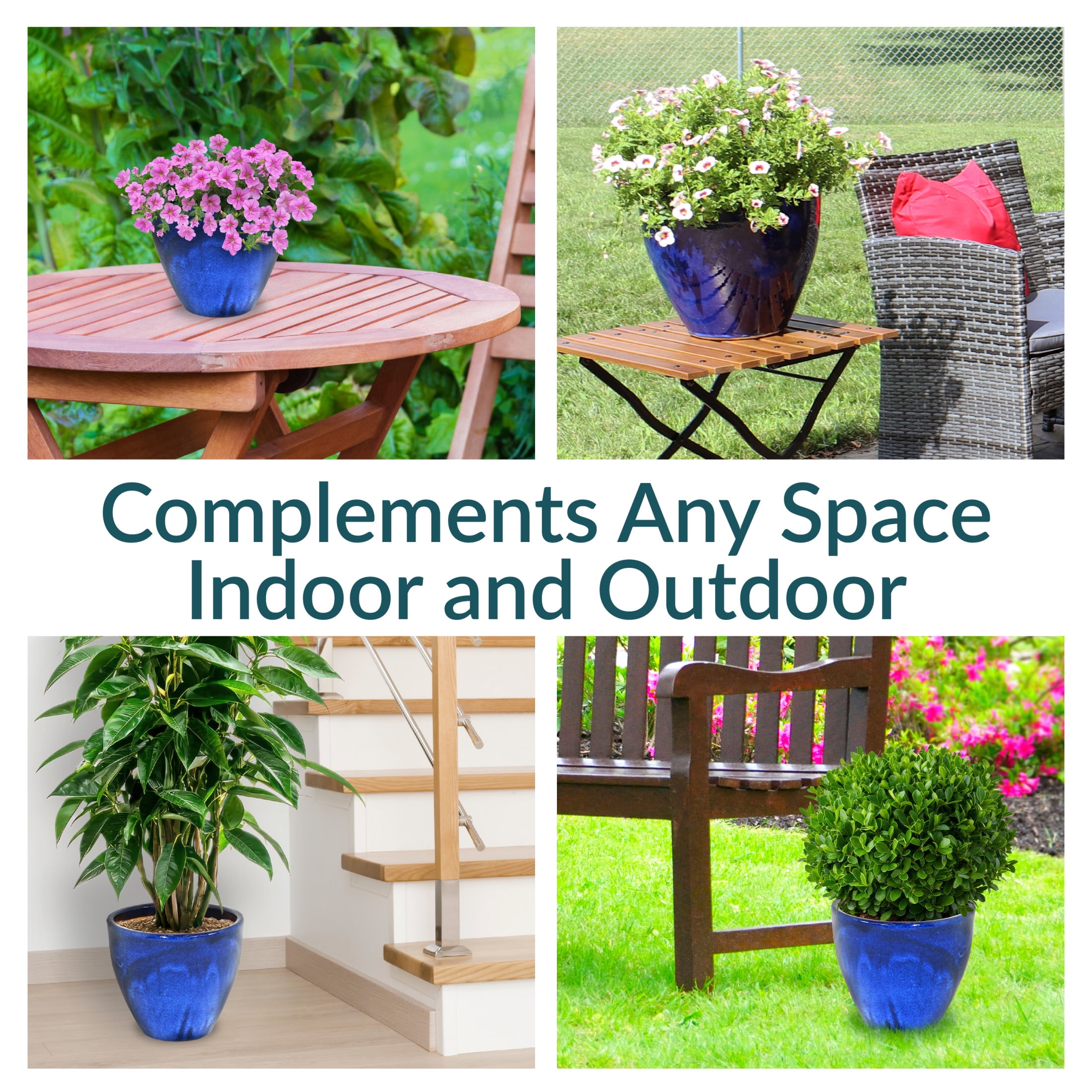 Sunnydaze Resort 13.5" x 13.5" x 12" Round Imperial Blue Ceramic Outdoor Planter