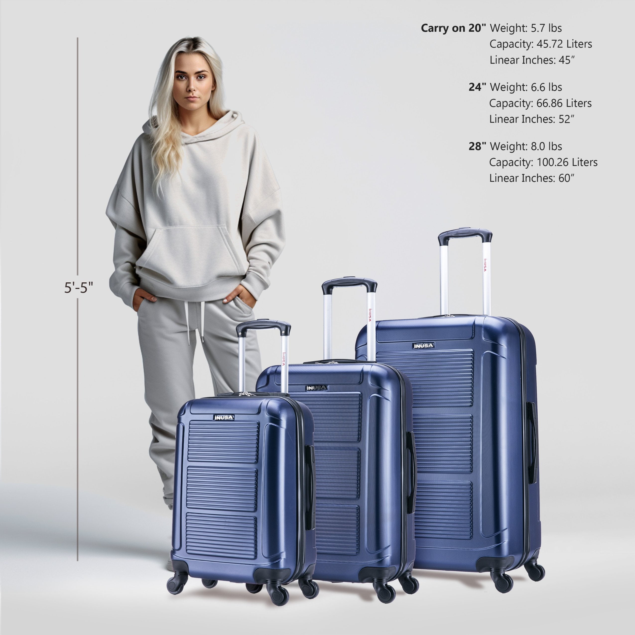 InUSA Pilot 3-Piece Hardside Luggage Sets with Spinner Wheels, Handle, Trolley, (20"/24"/28"), Blue