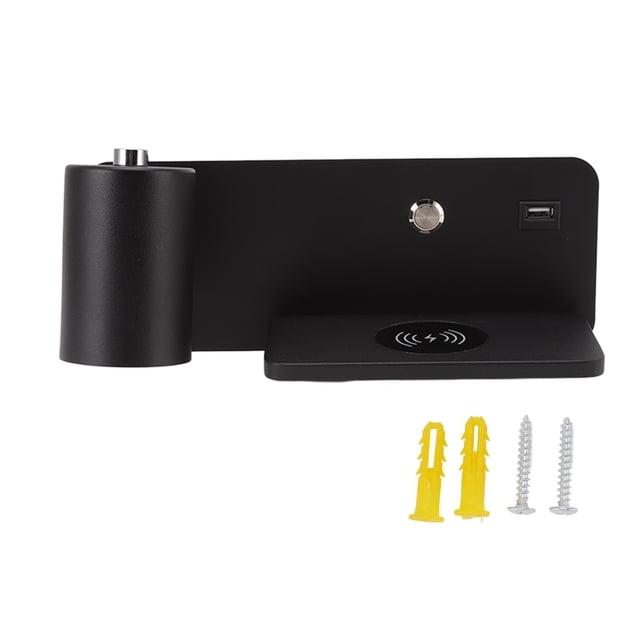 Lámpara de pared LED con interfaz USB, carga inalámbrica, para sala de estar y dormitorio, 85-265 V, color negro, izquierda