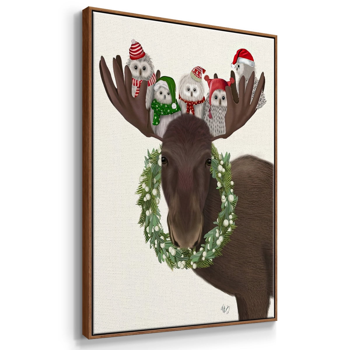 Christmas Moose and Christmas Owls - Framed Gallery Wrapped Holiday Canvas - 27 x 41 - Rosewood Frame
