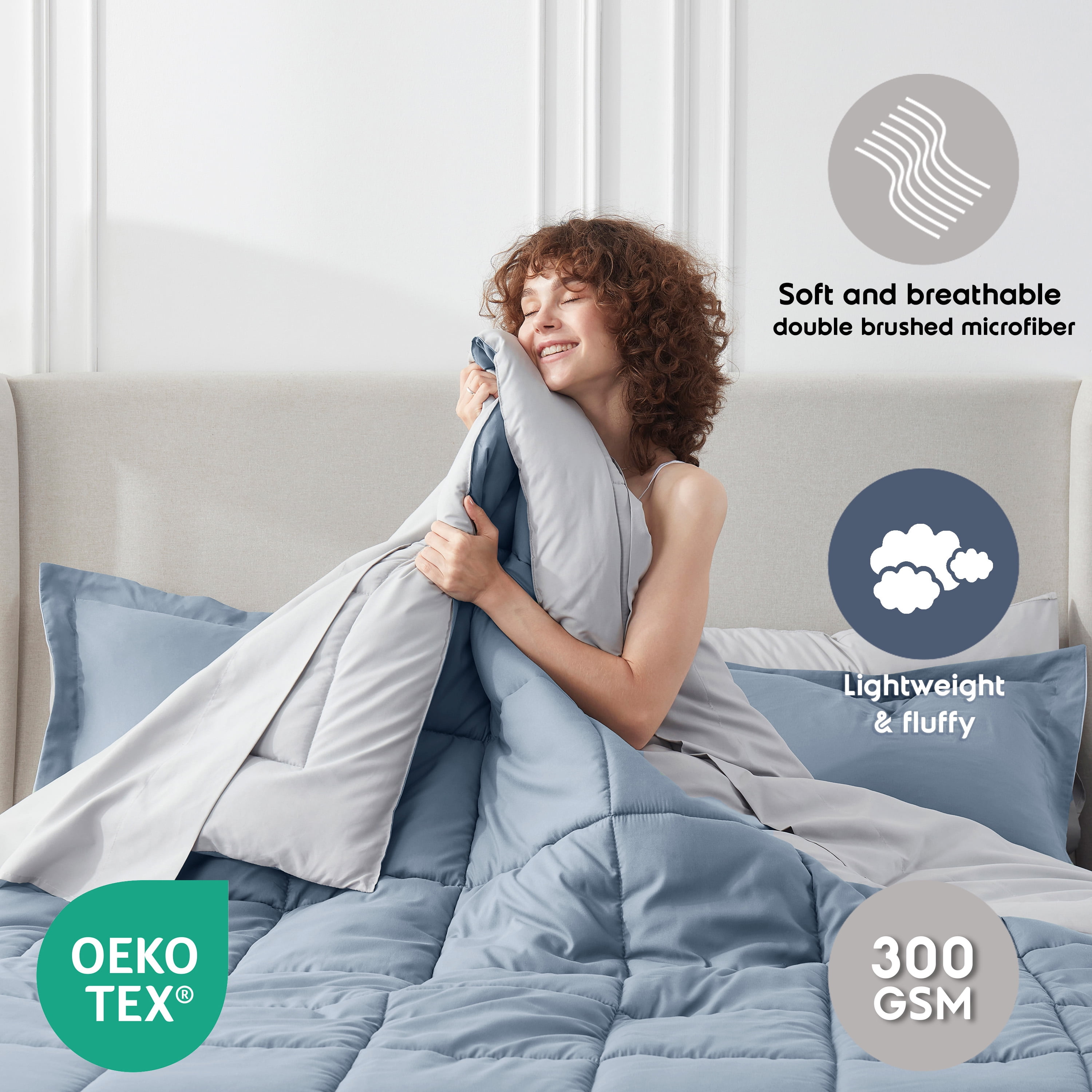 LammaLoe California King Comforter Set, With Sheets, Reversible Bed In A Bag 7 Piece, Bedding Set, Stone Blue